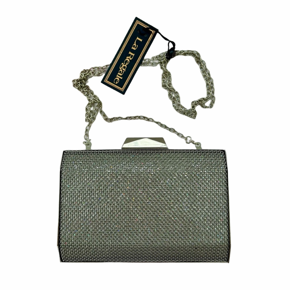 La Regale Mesh Silver Evening Clutch With Crossbody Chain NWT Small NEW